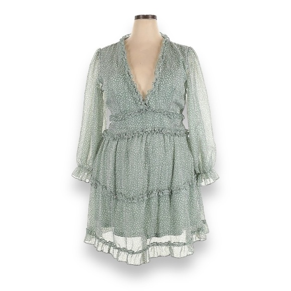 Boutique Pale Green Floral print V Neck Long Sleeve Chiffon Skater Dress 2XL - Picture 3 of 8